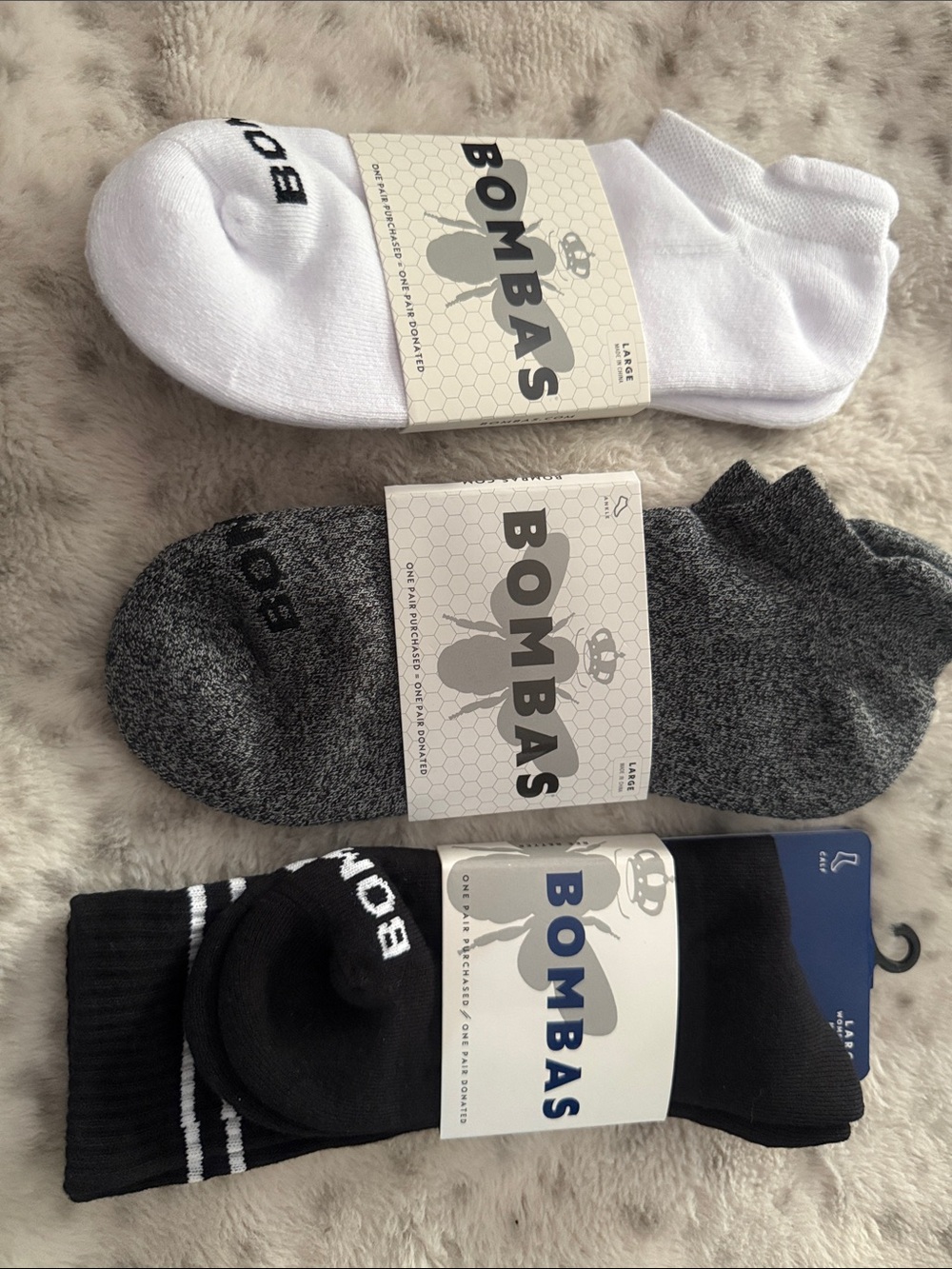 Bombas Women’s Large 3-Pack Socks in White, Gray, and Black